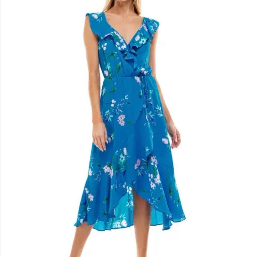 Socialite Blue Floral Ruffle Faux Wrap Midi Dress Flutter Sleeve Size XS